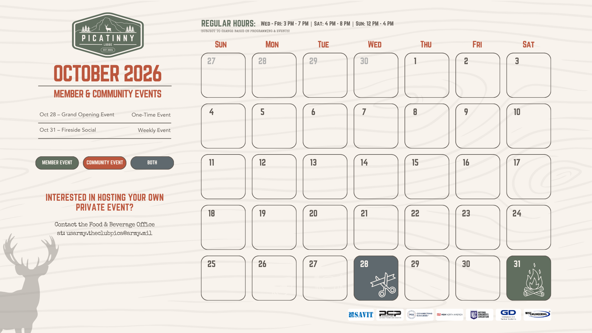 October 2026 Member and Community Events: Oct 28 – Grand Opening Event; Oct 31 – Fireside Social